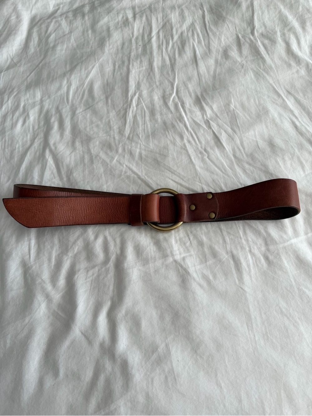 Lands End Genuine Brown Leather Belt with Brass Ring Hardware - Picture 3 of 10